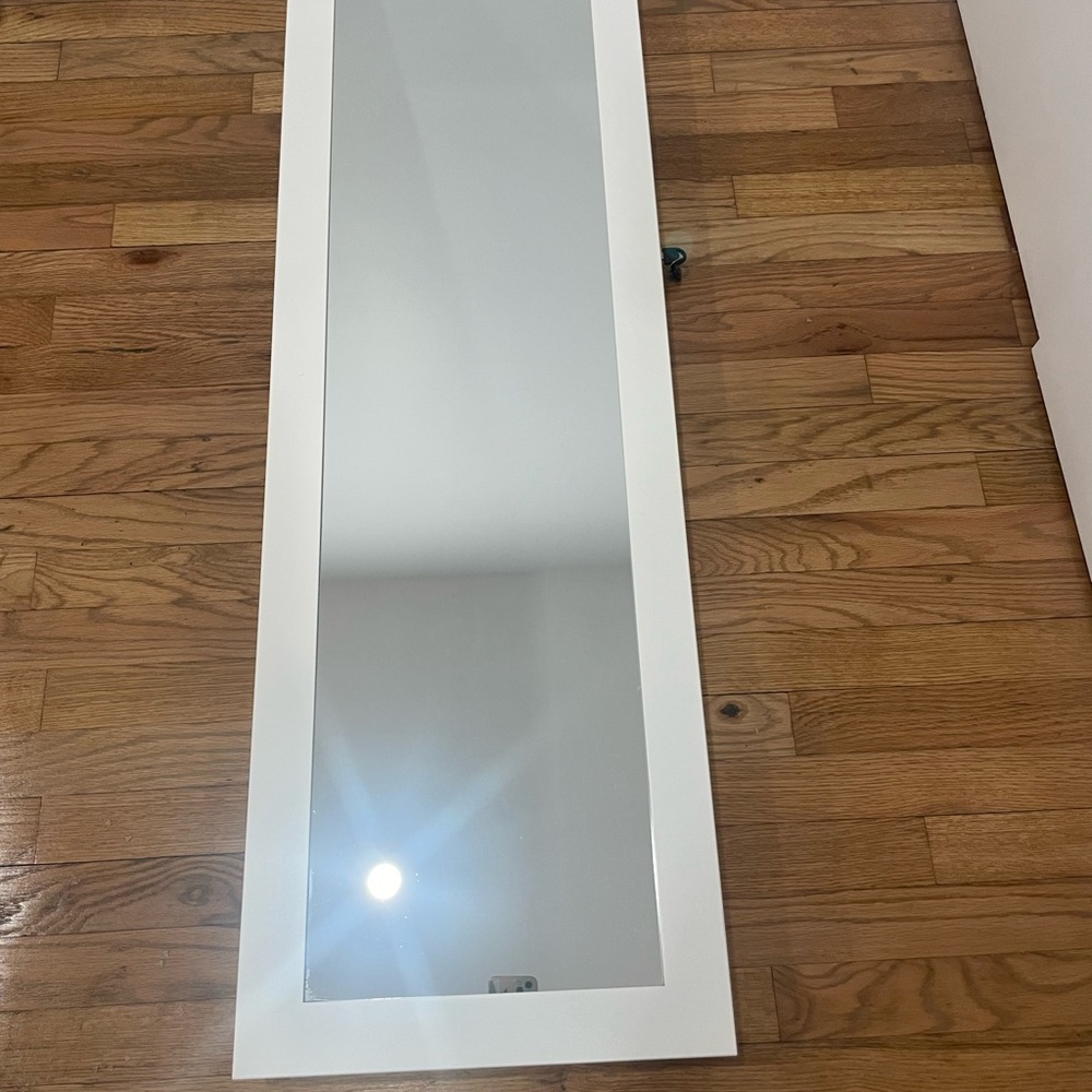 Full-Length White Framed Jewelry Organizer with Mirrored Front